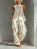 Women’s Cream Two-Piece Set – Semi-Sheer Chiffon Top with Cotton Linen Wide-Leg Pants