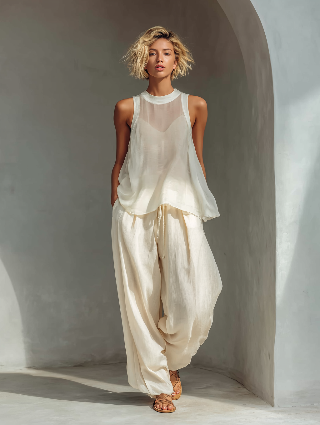 Women’s Cream Two-Piece Set – Semi-Sheer Chiffon Top with Cotton Linen Wide-Leg Pants