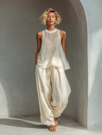 Women’s Cream Two-Piece Set – Semi-Sheer Chiffon Top with Cotton Linen Wide-Leg Pants