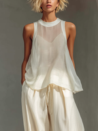 Women’s Cream Two-Piece Set – Semi-Sheer Chiffon Top with Cotton Linen Wide-Leg Pants