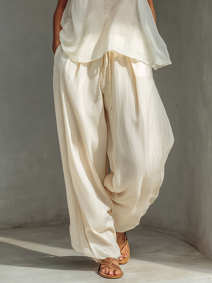 Women’s Cream Two-Piece Set – Semi-Sheer Chiffon Top with Cotton Linen Wide-Leg Pants
