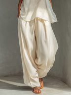Women’s Cream Two-Piece Set – Semi-Sheer Chiffon Top with Cotton Linen Wide-Leg Pants