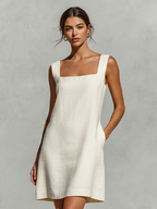 Women’s Cream White Linen Mini Dress – Square Neck Sleeveless Summer Dress