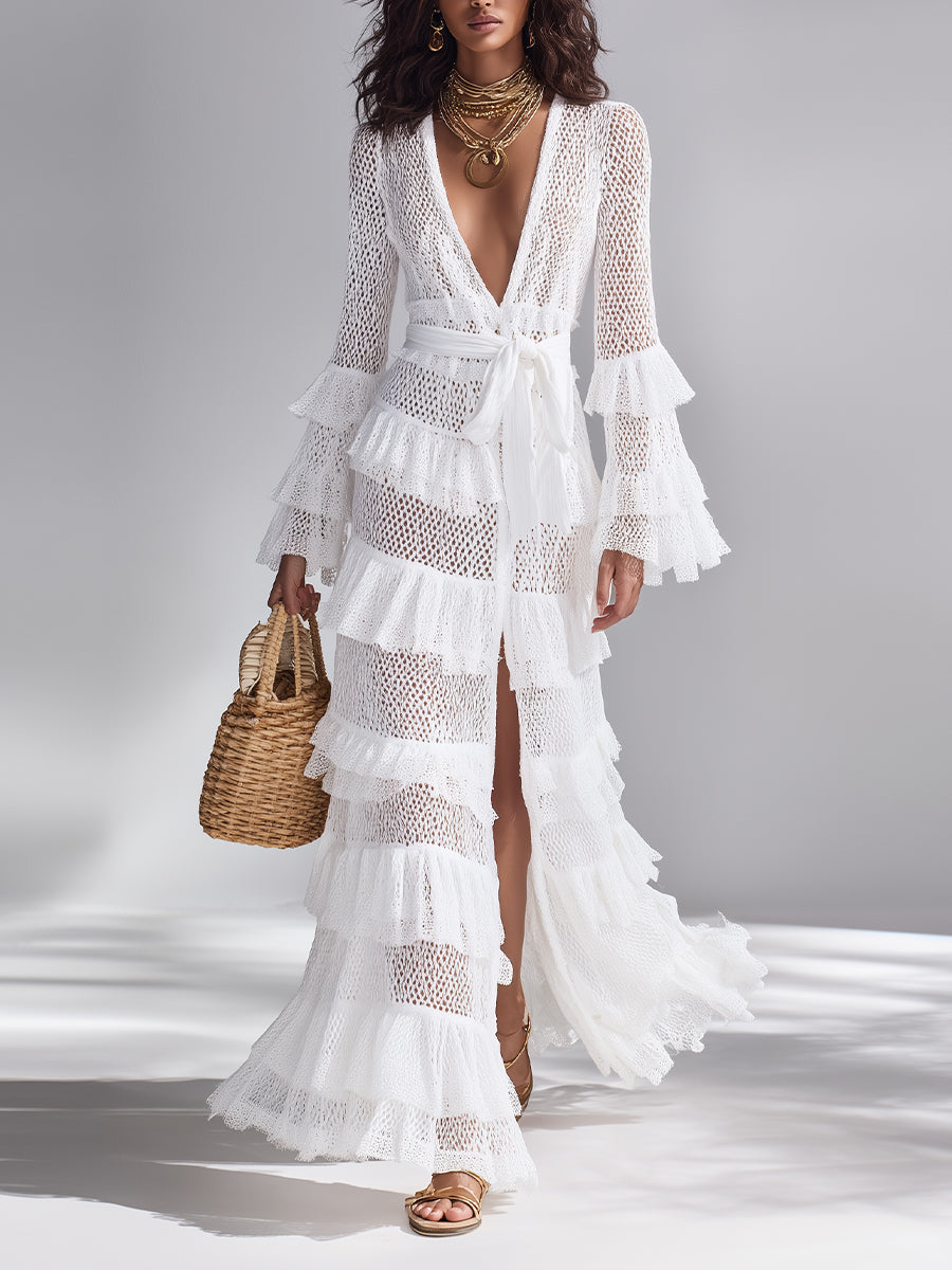 Women’s Crisp White Crochet Knit Cardigan Set — Deep V-Neck Ruffle Layered Bohemian Glam Maxi Outerwear