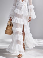Women’s Crisp White Crochet Knit Cardigan Set — Deep V-Neck Ruffle Layered Bohemian Glam Maxi Outerwear