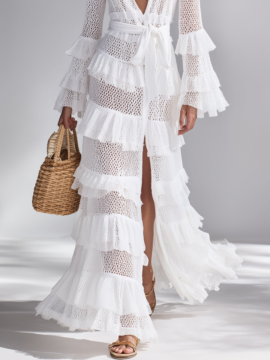 Women’s Crisp White Crochet Knit Cardigan Set — Deep V-Neck Ruffle Layered Bohemian Glam Maxi Outerwear