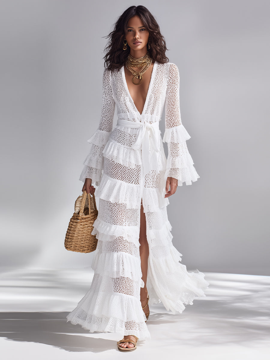 Women’s Crisp White Crochet Knit Cardigan Set — Deep V-Neck Ruffle Layered Bohemian Glam Maxi Outerwear
