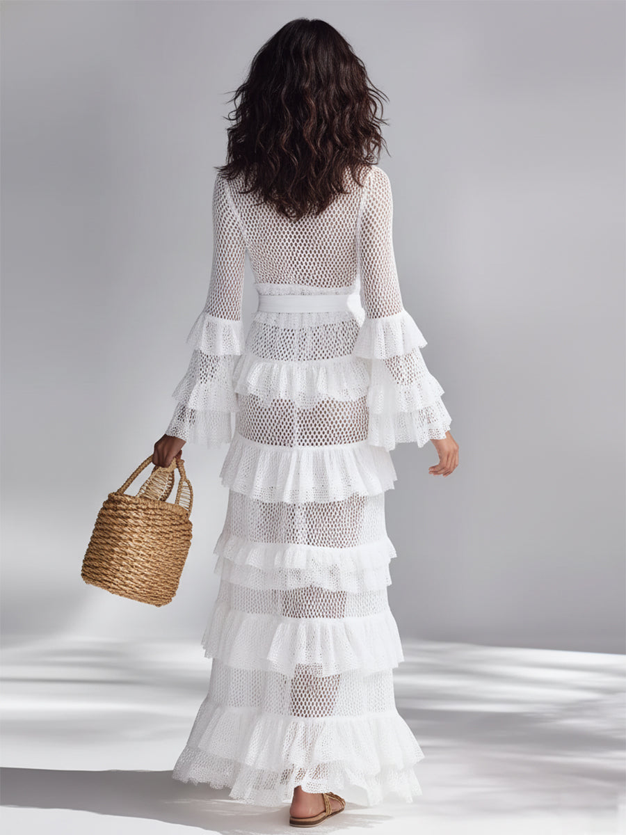 Women’s Crisp White Crochet Knit Cardigan Set — Deep V-Neck Ruffle Layered Bohemian Glam Maxi Outerwear