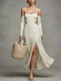 Women’s Elegant Off-White Chiffon Spaghetti-Strap Maxi Dress with Waist Cutouts & Side Slits