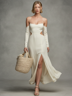 Women’s Elegant Off-White Chiffon Spaghetti-Strap Maxi Dress with Waist Cutouts & Side Slits