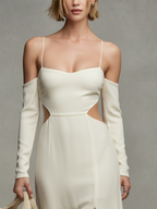 Women’s Elegant Off-White Chiffon Spaghetti-Strap Maxi Dress with Waist Cutouts & Side Slits