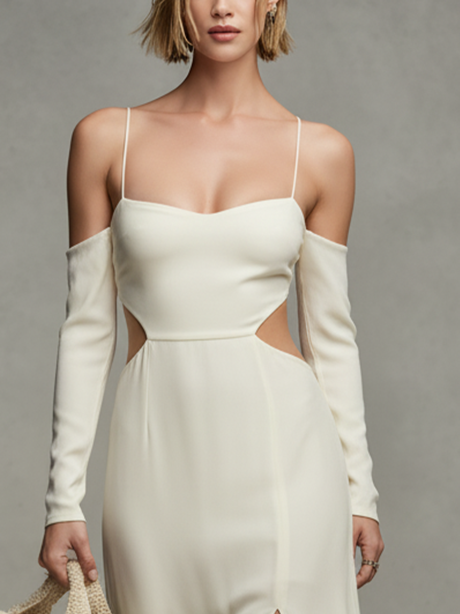 Women’s Elegant Off-White Chiffon Spaghetti-Strap Maxi Dress with Waist Cutouts & Side Slits