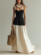 Women’s Black & White Woven Maxi Dress — Square Neck Sleeveless Elegant Flowing Silhouette