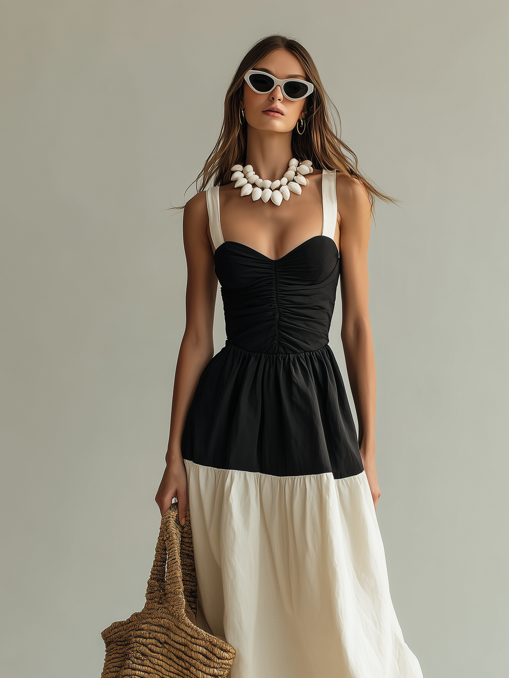 Women’s Black & White Woven Maxi Dress — Square Neck Sleeveless Elegant Flowing Silhouette