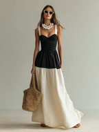 Women’s Black & White Woven Maxi Dress — Square Neck Sleeveless Elegant Flowing Silhouette