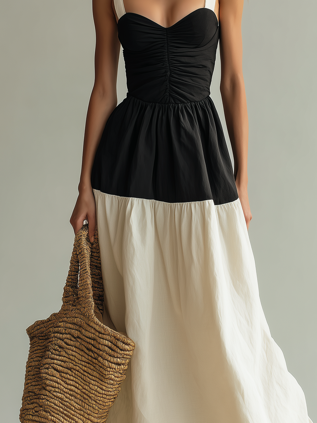 Women’s Black & White Woven Maxi Dress — Square Neck Sleeveless Elegant Flowing Silhouette