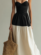 Women’s Black & White Woven Maxi Dress — Square Neck Sleeveless Elegant Flowing Silhouette