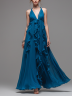 Women’s Blue Chiffon Halter Maxi Dress — V-Neck Ruffled Elegant Flowing Evening Dress
