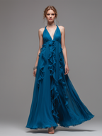Women’s Elegant Blue Chiffon Halter-Neck V-Neck Ruffled Maxi Dress – Flowing Formal Evening Gown