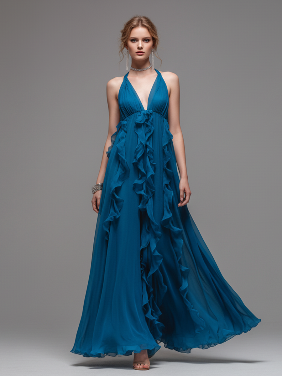 Women’s Elegant Blue Chiffon Halter-Neck V-Neck Ruffled Maxi Dress – Flowing Formal Evening Gown