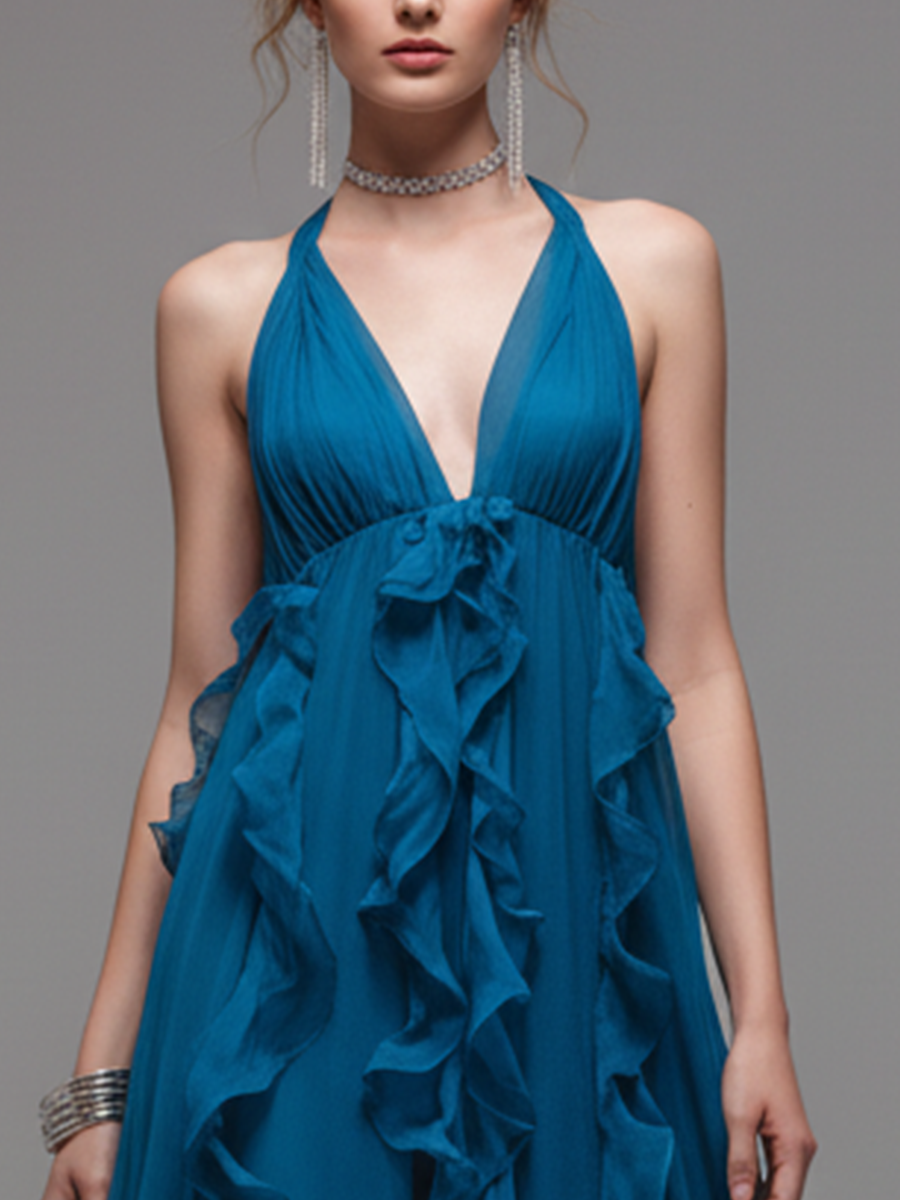 Women’s Blue Chiffon Halter Maxi Dress — V-Neck Ruffled Elegant Flowing Evening Dress