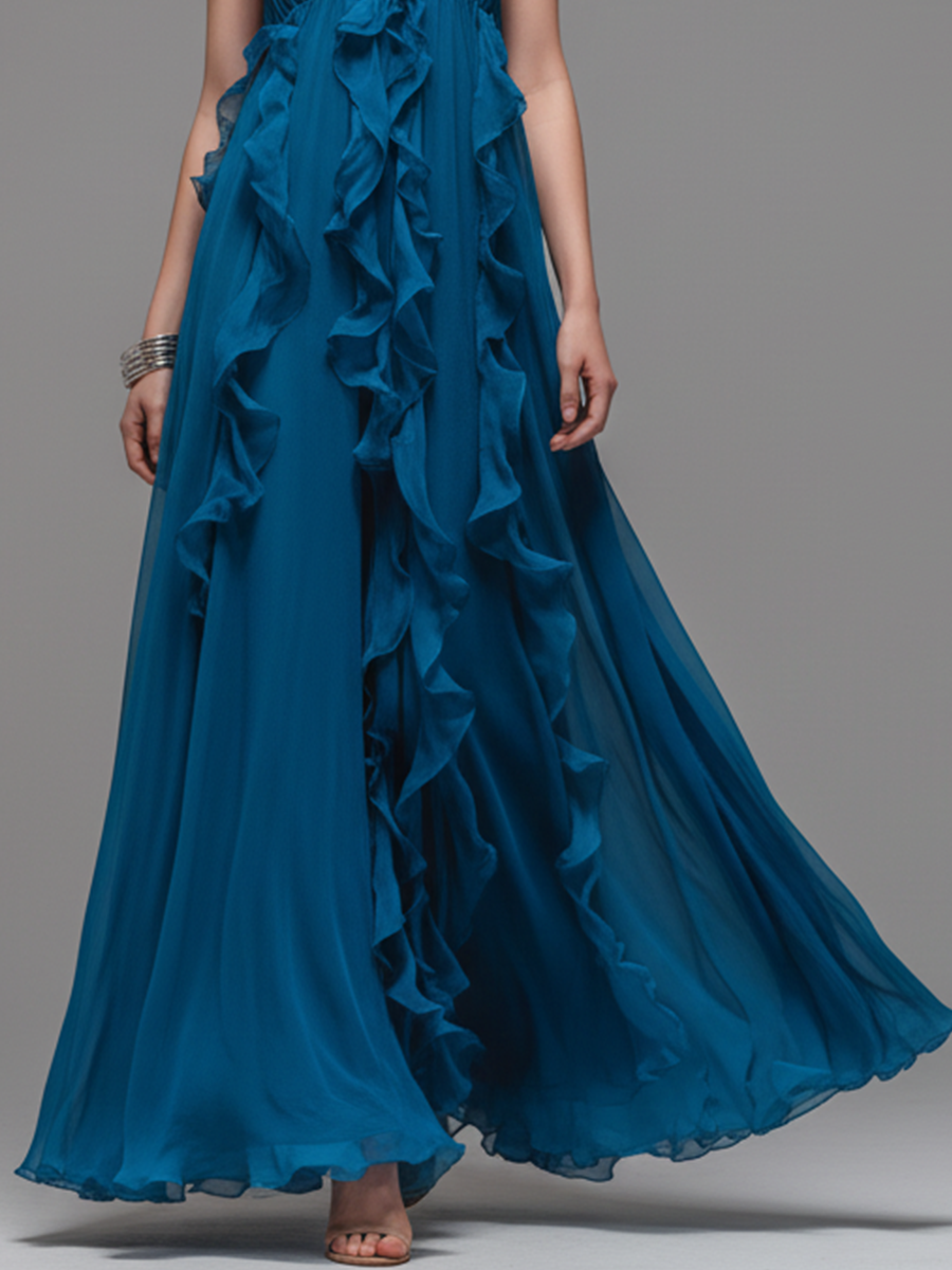 Women’s Elegant Blue Chiffon Halter-Neck V-Neck Ruffled Maxi Dress – Flowing Formal Evening Gown