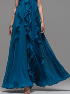 Women’s Blue Chiffon Halter Maxi Dress — V-Neck Ruffled Elegant Flowing Evening Dress