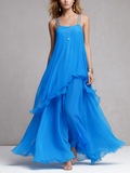 Women’s Blue Chiffon Maxi Dress — Layered Ruffle Spaghetti Strap Elegant Evening Dress