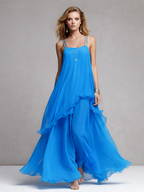 Women’s Blue Chiffon Maxi Dress — Layered Ruffle Spaghetti Strap Elegant Evening Dress
