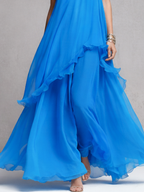 Women’s Blue Chiffon Maxi Dress — Layered Ruffle Spaghetti Strap Elegant Evening Dress