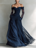 Women’s Elegant Dark Blue Chiffon Organza Off-Shoulder Long-Sleeve Fitted Maxi Dress – Romantic Evening Gown