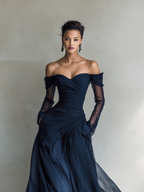 Women’s Elegant Dark Blue Chiffon Organza Off-Shoulder Long-Sleeve Fitted Maxi Dress – Romantic Evening Gown