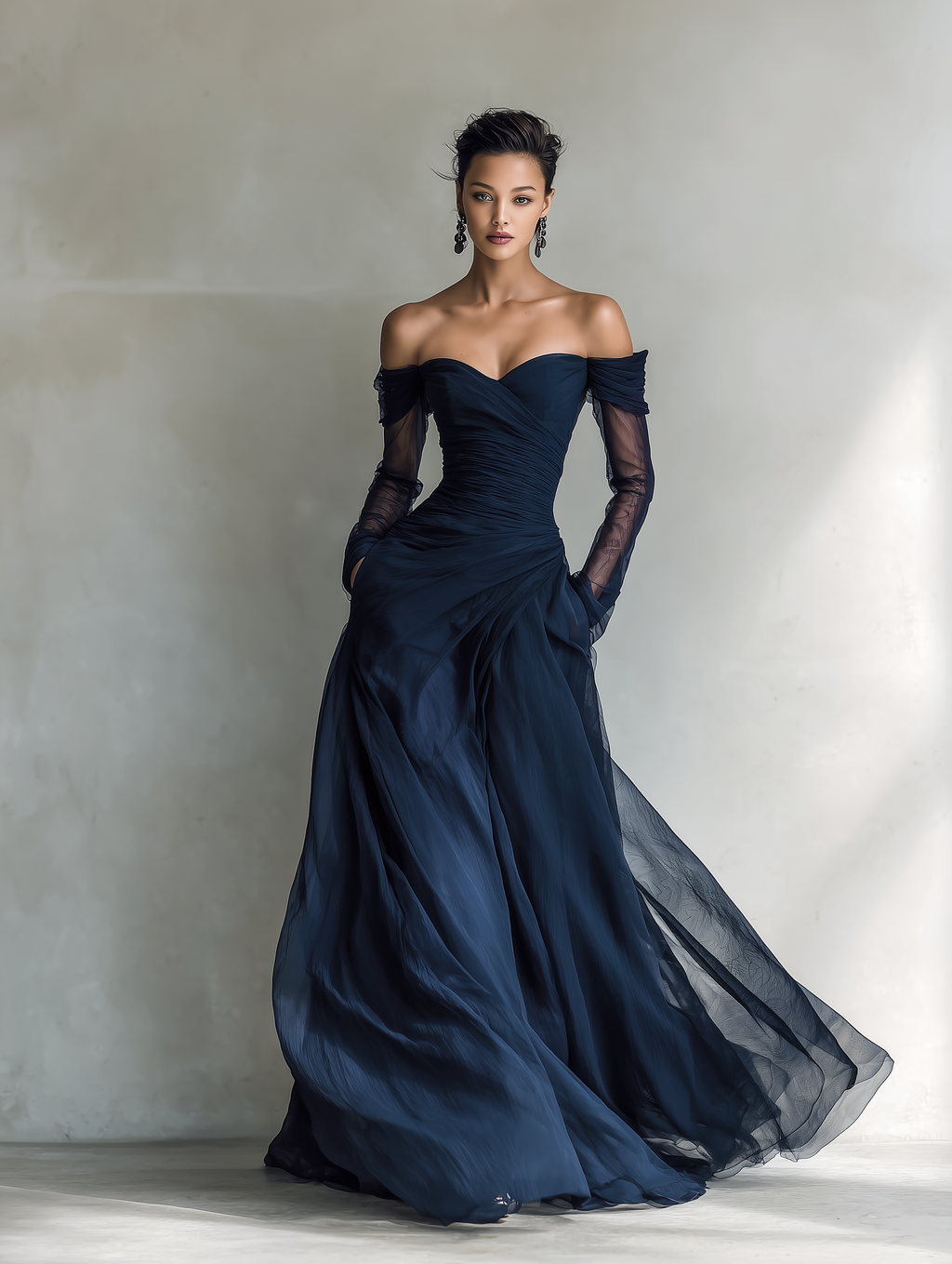 Women’s Elegant Dark Blue Chiffon Organza Off-Shoulder Long-Sleeve Fitted Maxi Dress – Romantic Evening Gown