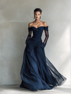 Women’s Elegant Dark Blue Chiffon Organza Off-Shoulder Long-Sleeve Fitted Maxi Dress – Romantic Evening Gown