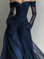Women’s Elegant Dark Blue Chiffon Organza Off-Shoulder Long-Sleeve Fitted Maxi Dress – Romantic Evening Gown