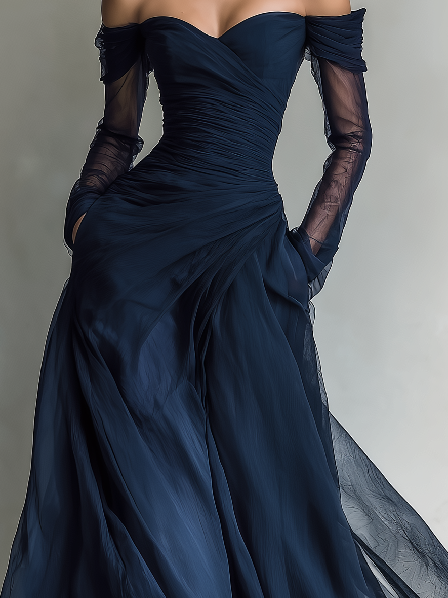 Women’s Elegant Dark Blue Chiffon Organza Off-Shoulder Long-Sleeve Fitted Maxi Dress – Romantic Evening Gown