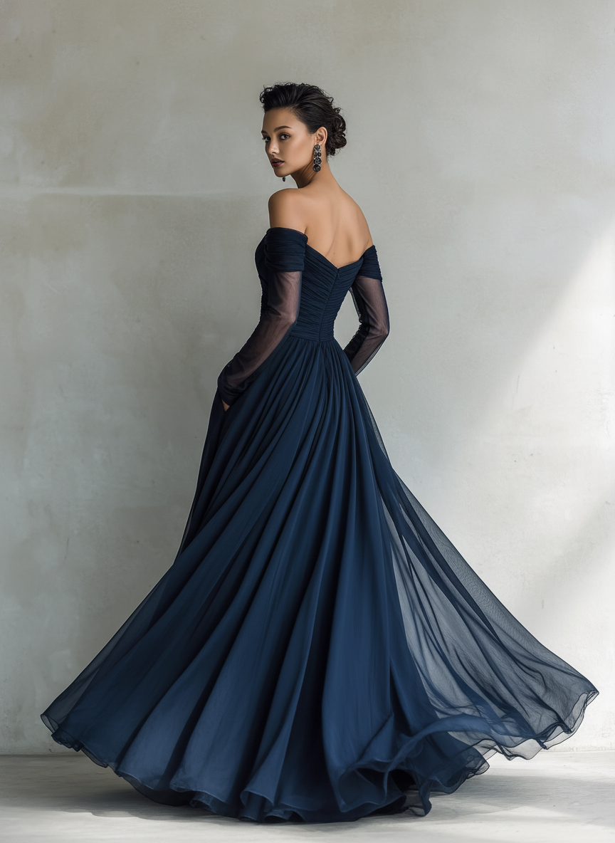 Women’s Elegant Dark Blue Chiffon Organza Off-Shoulder Long-Sleeve Fitted Maxi Dress – Romantic Evening Gown