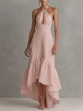 Women’s Pink Cotton-Linen Halter Maxi Dress – Front Cutout Ruffle Hem Elegant Summer Gown