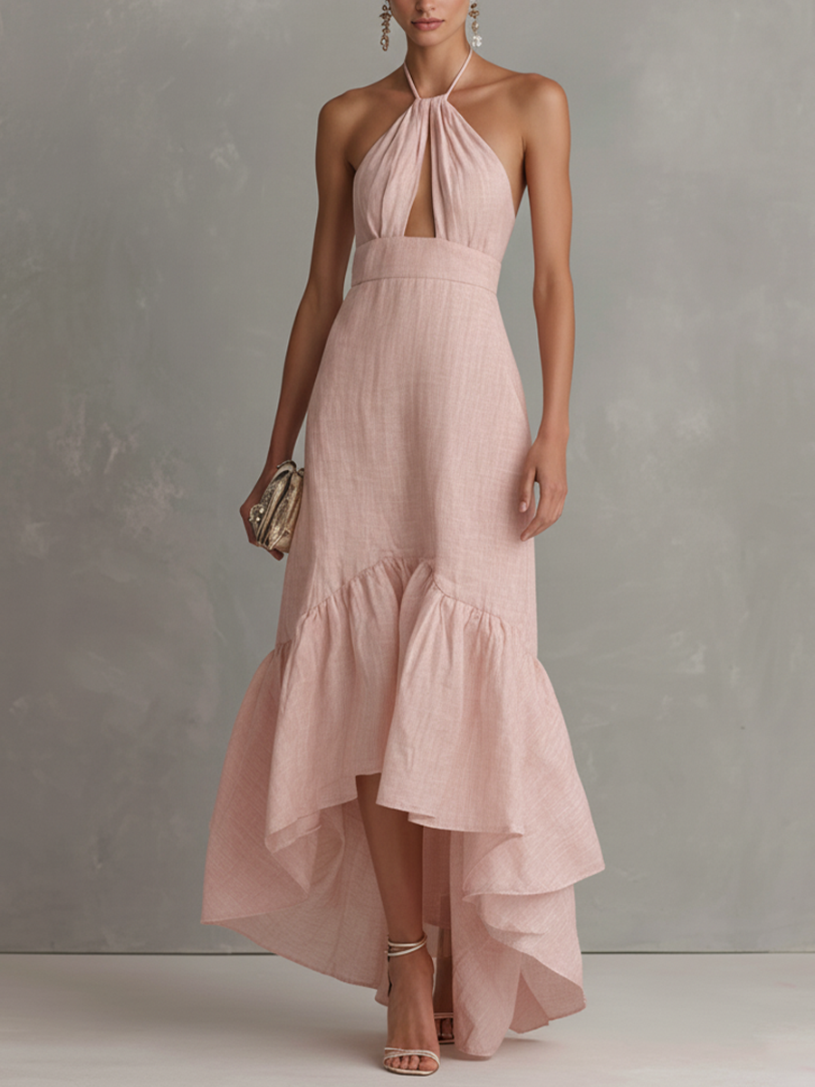 Women’s Elegant Pink Cotton-Linen Halter Maxi Dress with Front Cutout & Ruffle Detail – Graceful Statement Style