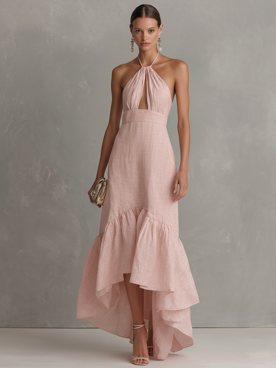 Women’s Pink Cotton-Linen Halter Maxi Dress – Front Cutout Ruffle Hem Elegant Summer Gown