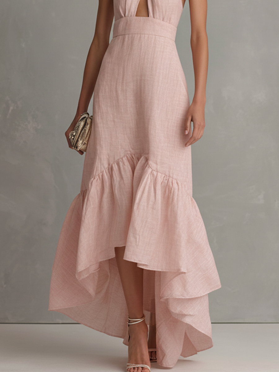 Women’s Pink Cotton-Linen Halter Maxi Dress – Front Cutout Ruffle Hem Elegant Summer Gown