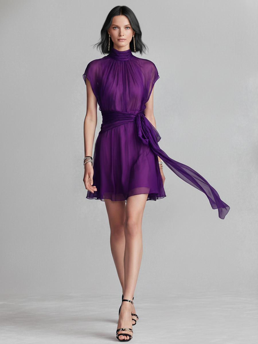 Women’s Elegant Purple Chiffon High-Neck Tie-Waist Sleeveless Mini Dress – Slim Fit Evening Dress