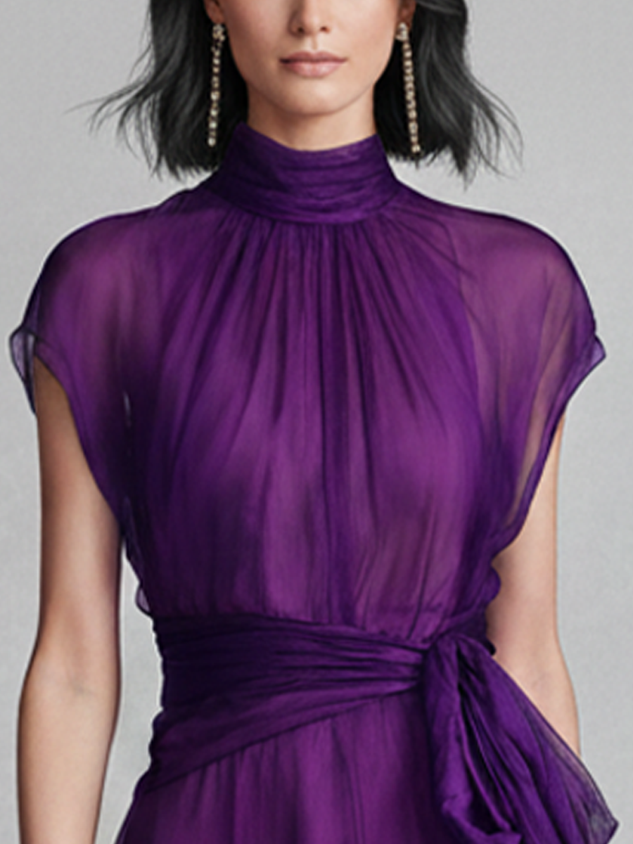 Women’s Elegant Purple Chiffon High-Neck Tie-Waist Sleeveless Mini Dress – Slim Fit Evening Dress