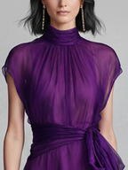 Women’s Elegant Purple Chiffon High-Neck Tie-Waist Sleeveless Mini Dress – Slim Fit Evening Dress