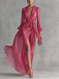 Women’s Rose Pink Pearl Chiffon V-Neck Tie-Waist Long Dress – Elegant Slit A-Line Evening Dress