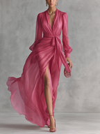 Women’s Rose Pink Pearl Chiffon V-Neck Tie-Waist Long Dress – Elegant Slit A-Line Evening Dress