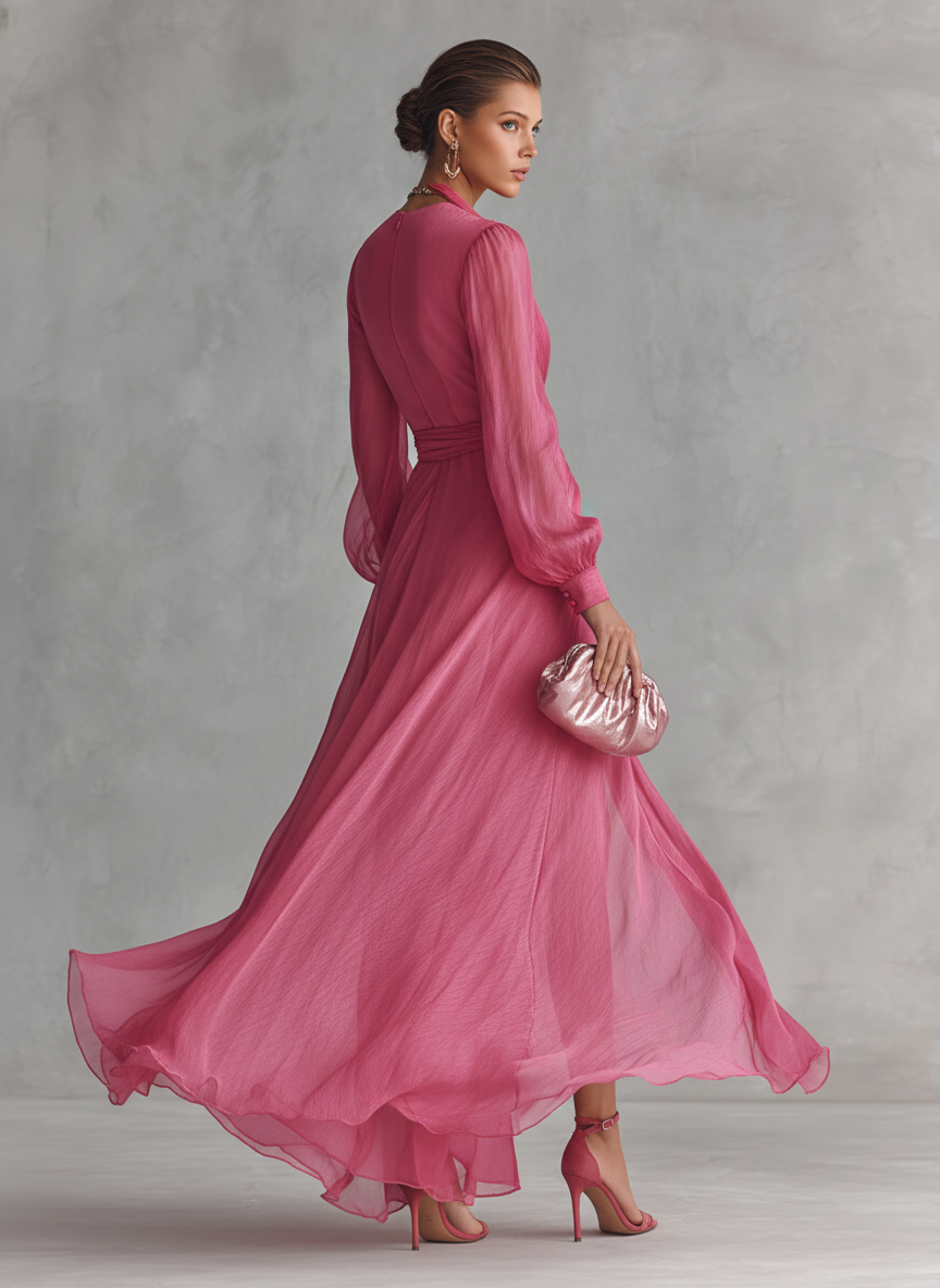 Women’s Rose Pink Pearl Chiffon V-Neck Tie-Waist Long Dress – Elegant Slit A-Line Evening Dress