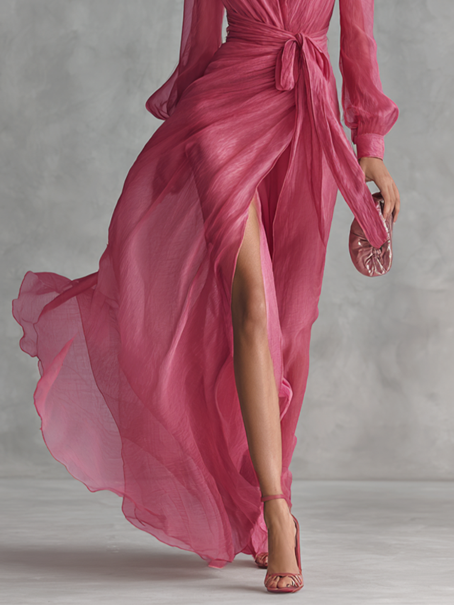 Women’s Rose Pink Pearl Chiffon V-Neck Tie-Waist Long Dress – Elegant Slit A-Line Evening Dress