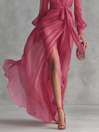 Women’s Rose Pink Pearl Chiffon V-Neck Tie-Waist Long Dress – Elegant Slit A-Line Evening Dress