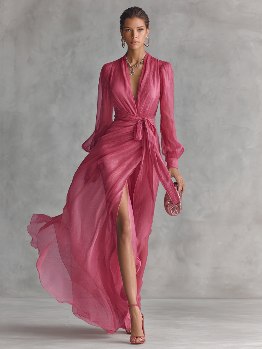 Women’s Rose Pink Pearl Chiffon V-Neck Tie-Waist Long Dress – Elegant Slit A-Line Evening Dress